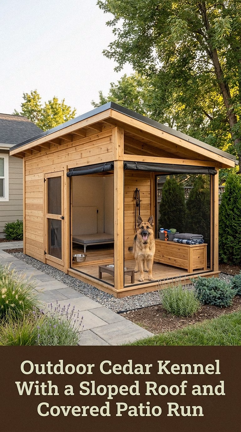 11. Outdoor Cedar Kennel With a Sloped Roof and Covered Patio Run