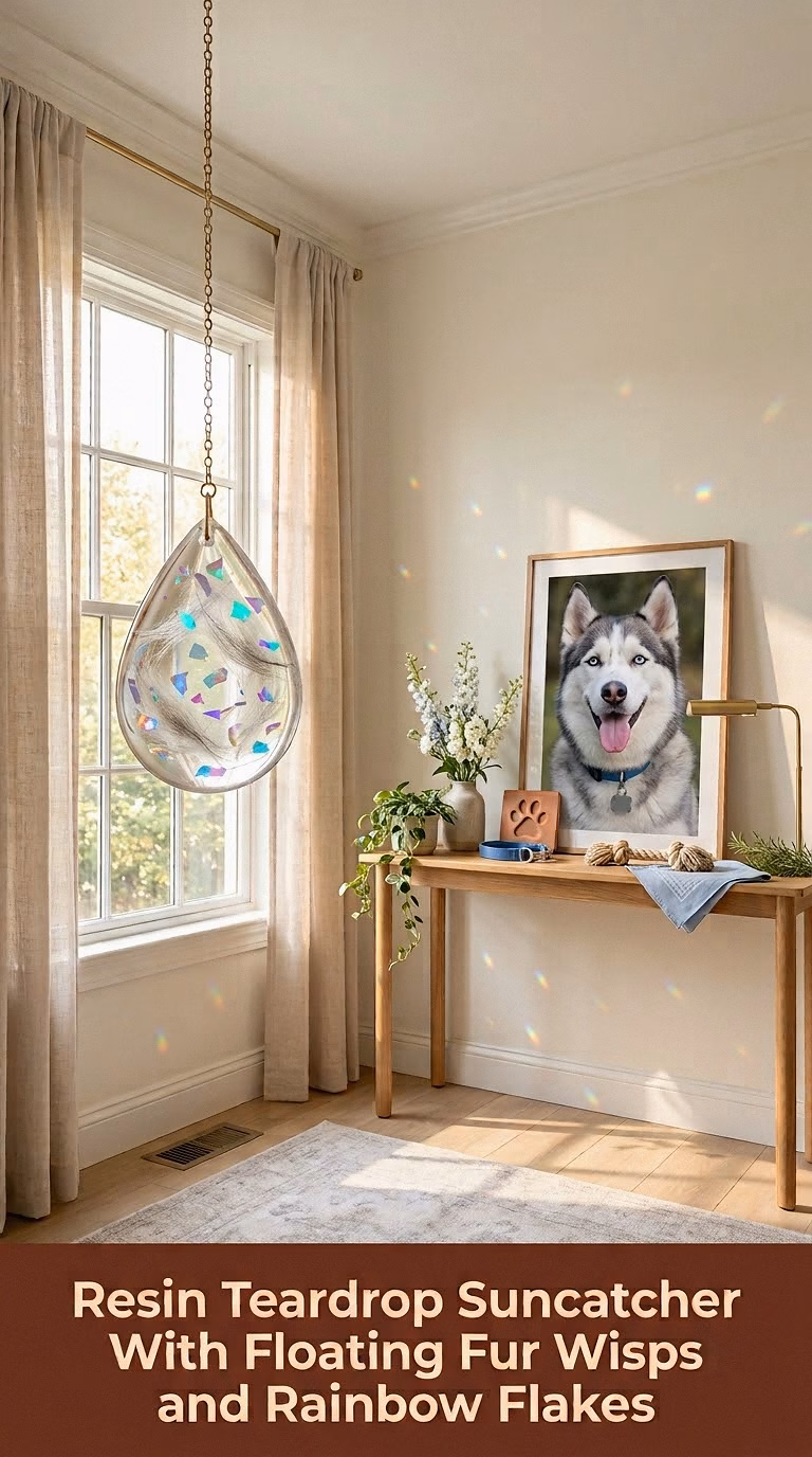 11. Resin Teardrop Suncatcher With Floating Fur Wisps and Rainbow Flakes