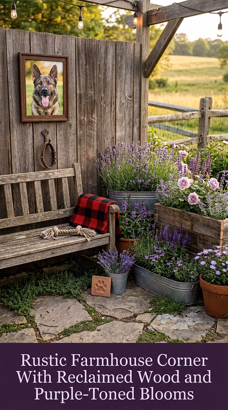 11. Rustic Farmhouse Corner With Reclaimed Wood and Purple-Toned Blooms