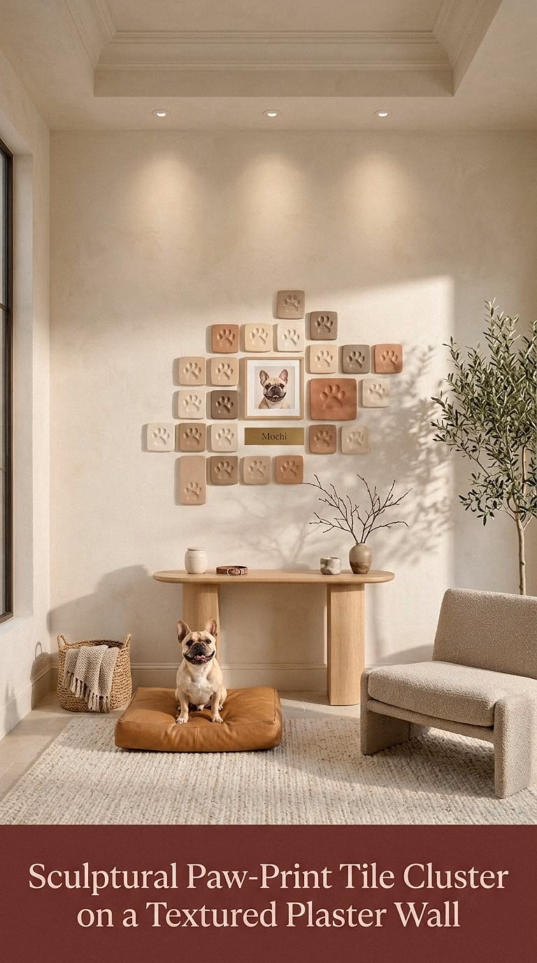 11. Sculptural Paw-Print Tile Cluster on a Textured Plaster Wall