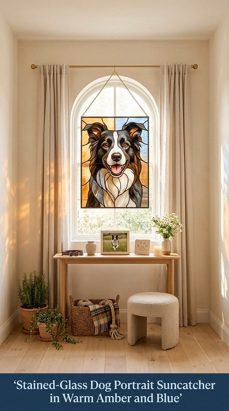 11. Stained-Glass Dog Portrait Suncatcher in Warm Amber and Blue