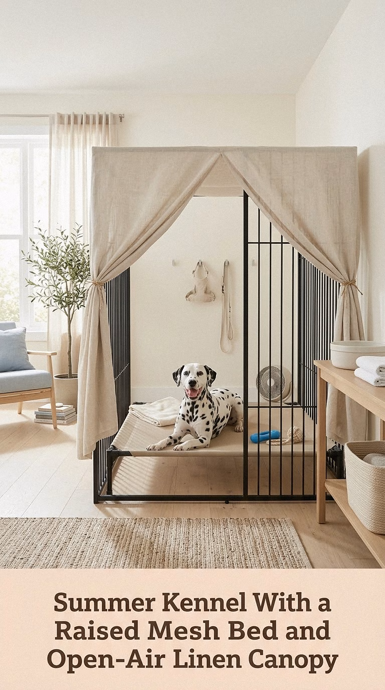 11. Summer Kennel With a Raised Mesh Bed and Open-Air Linen Canopy