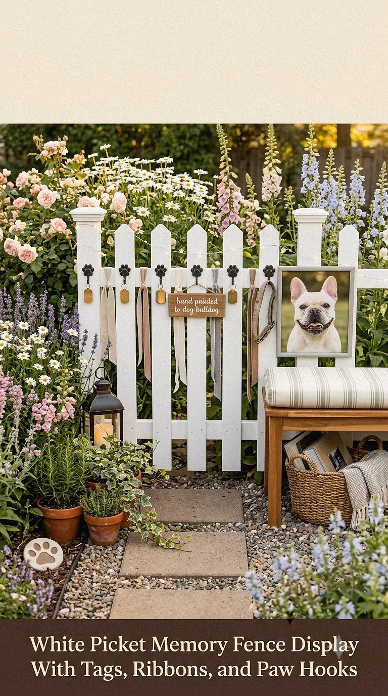 11. White Picket Memory Fence Display With Tags, Ribbons, and Paw Hooks
