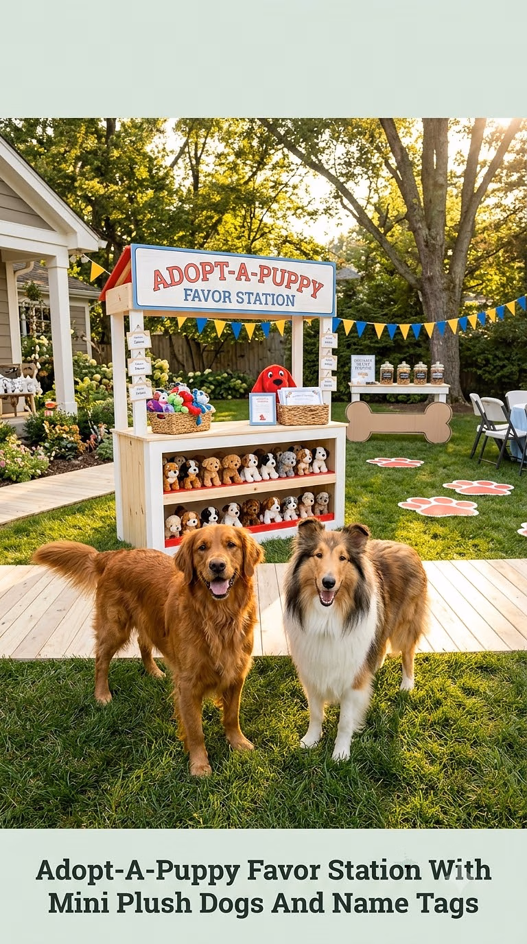 Adopt-A-Puppy Favor Station With Mini Plush Dogs And Name Tags