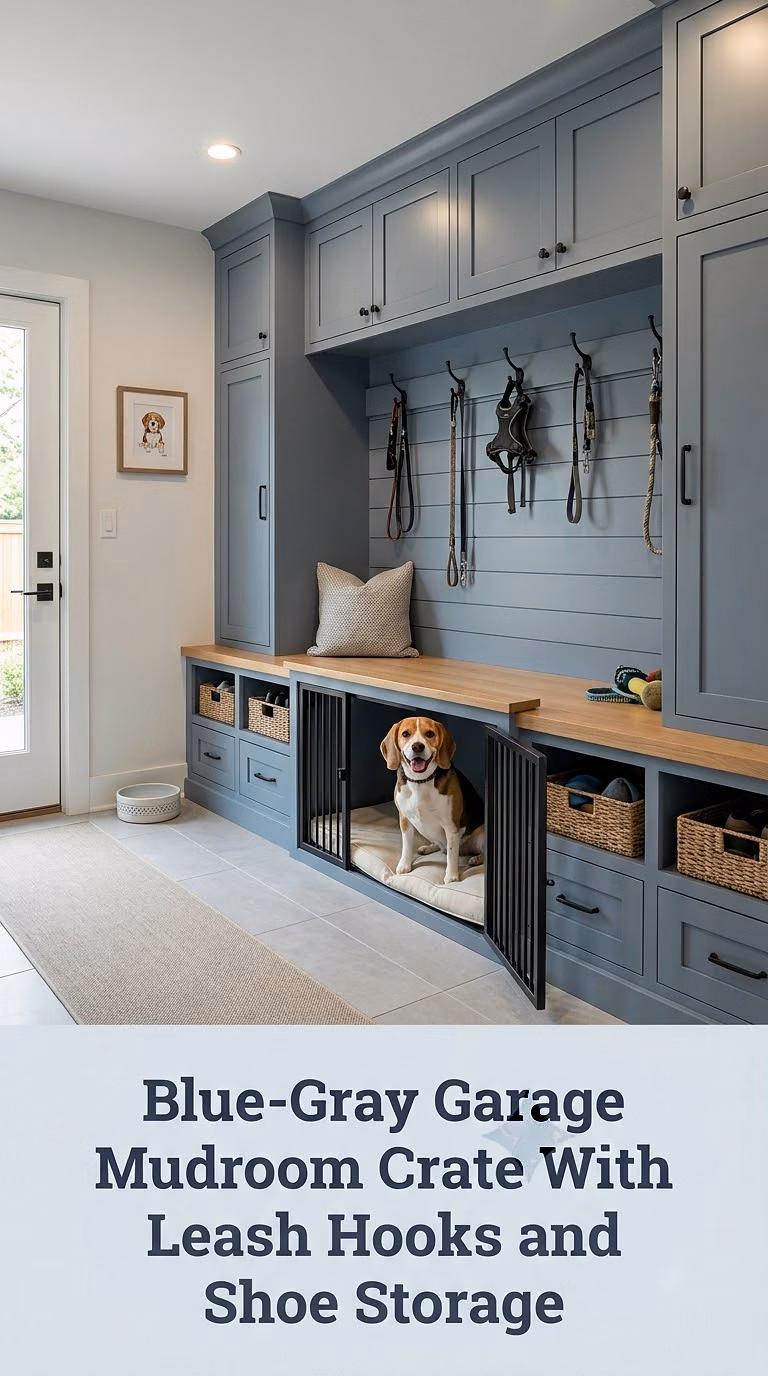 Blue-Gray Garage Mudroom Crate With Leash Hooks and Shoe Storage