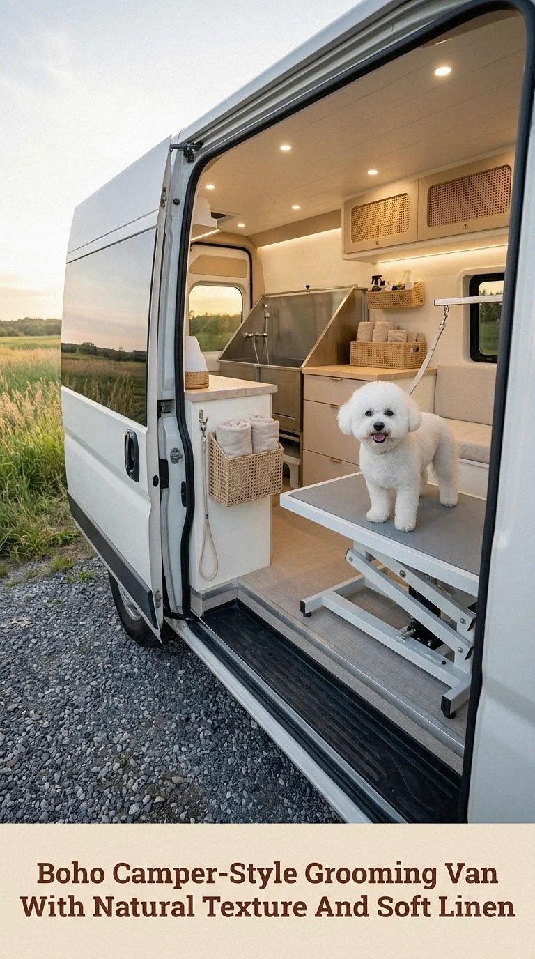 Boho Camper-Style Grooming Van With Natural Texture And Soft Linen