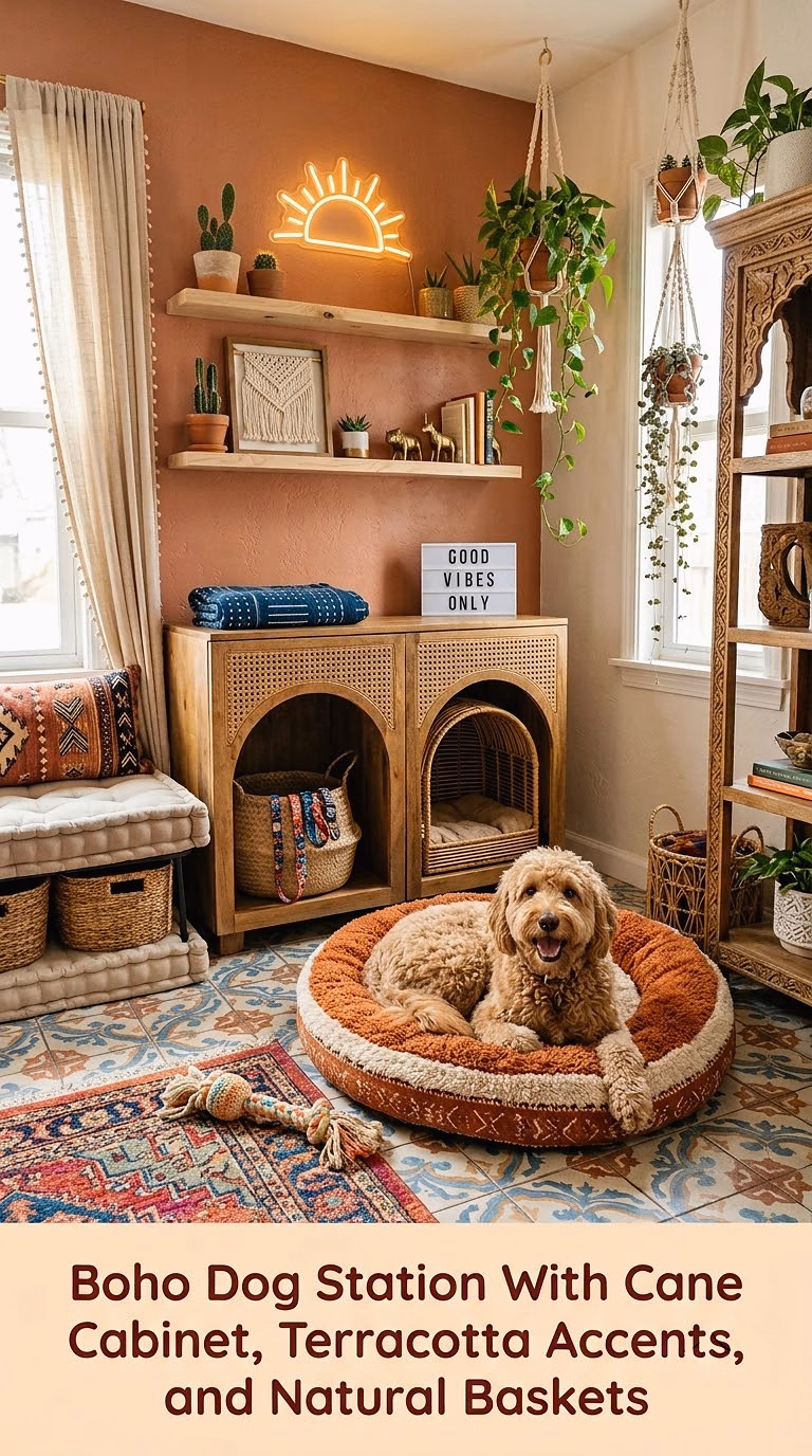 11. Boho Dog Station With Cane Cabinet, Terracotta Accents, and Natural Baskets