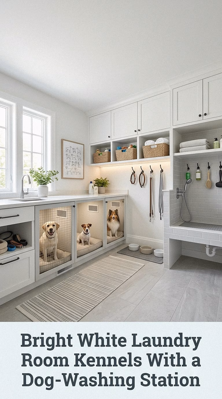 Bright White Laundry Room Kennels With a Dog-Washing Station