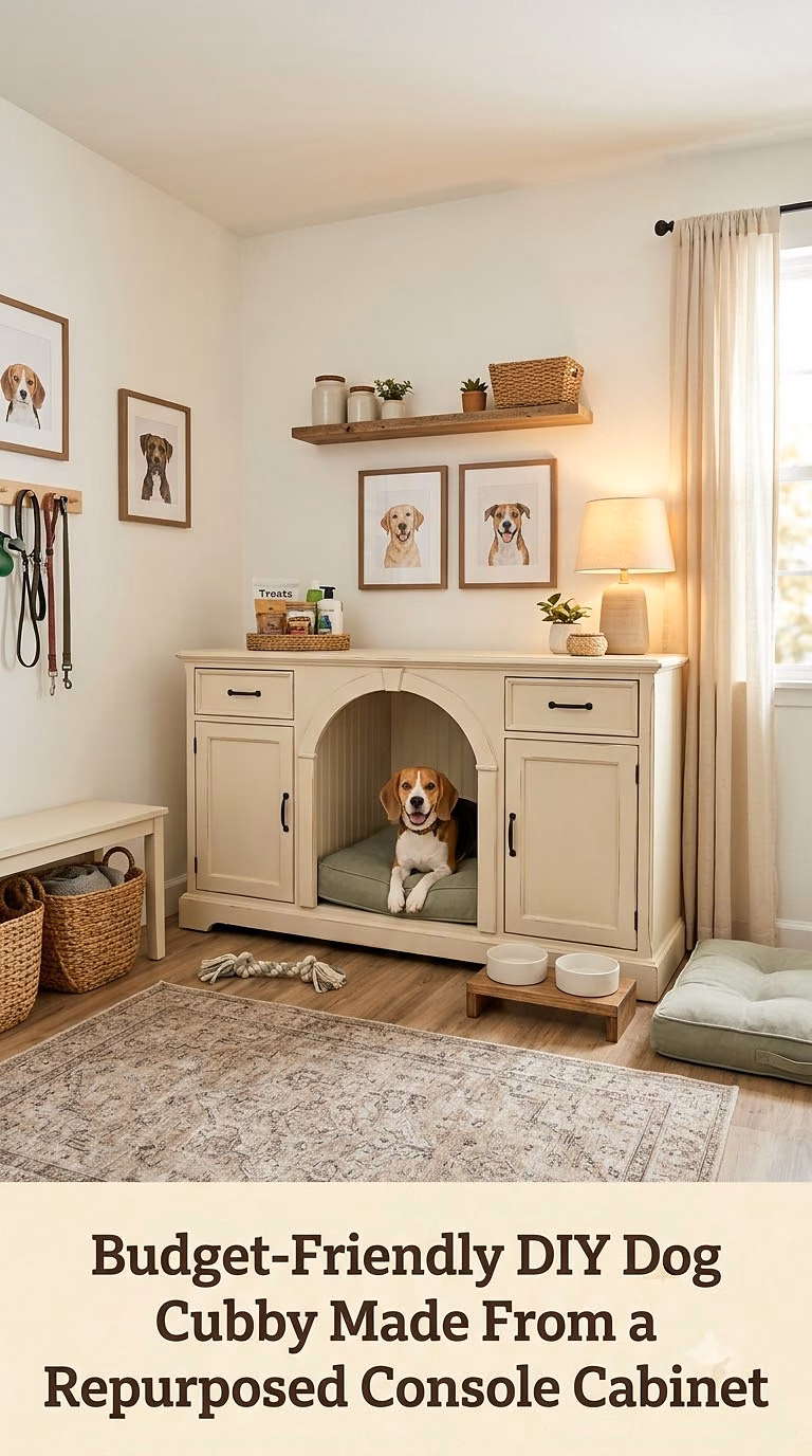 11. Budget-Friendly DIY Dog Cubby Made From a Repurposed Console Cabinet