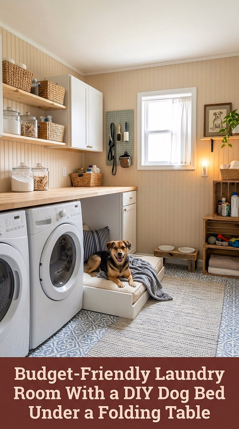 11. Budget-Friendly Laundry Room With a DIY Dog Bed Under a Folding Table