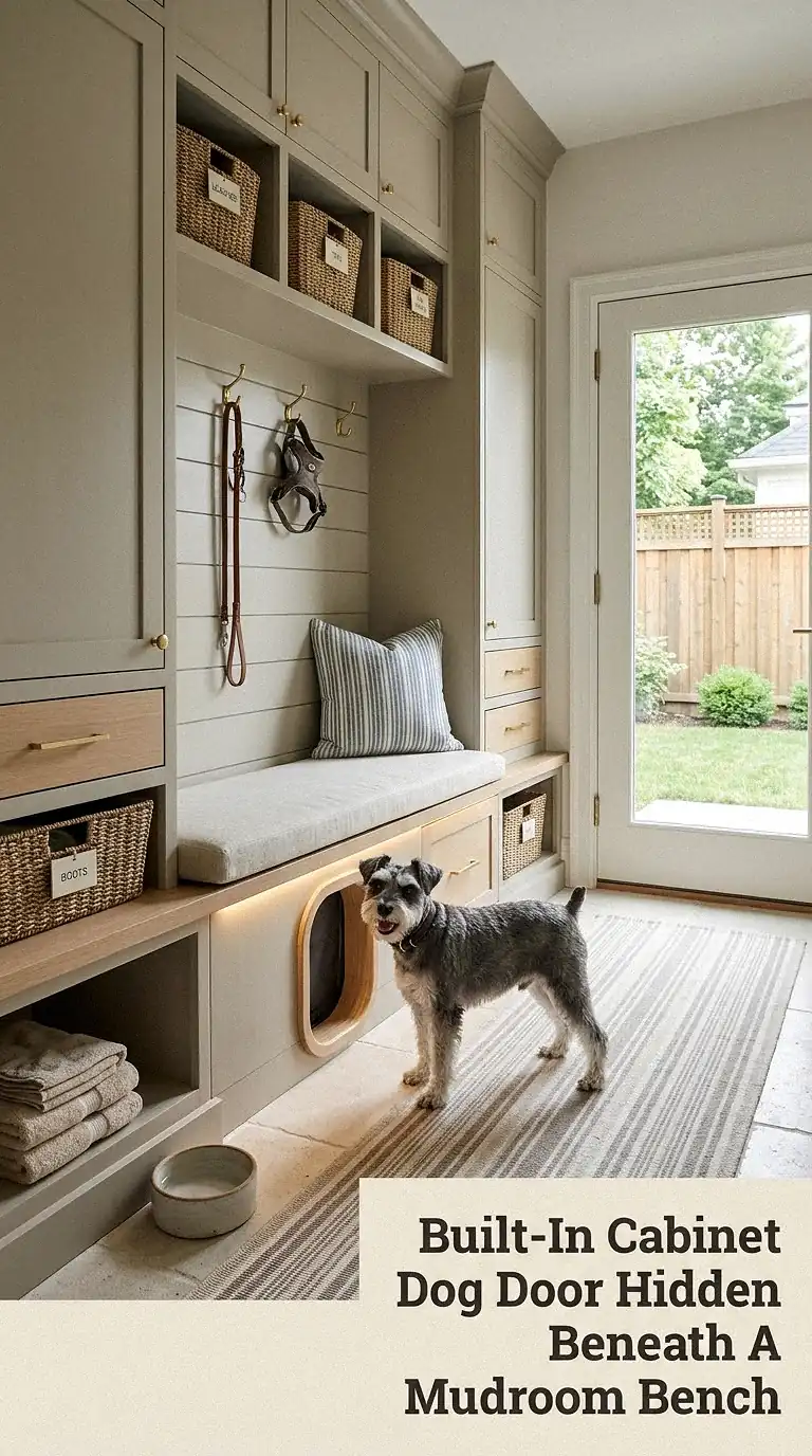 Built-In Cabinet Dog Door Hidden Beneath A Mudroom Bench