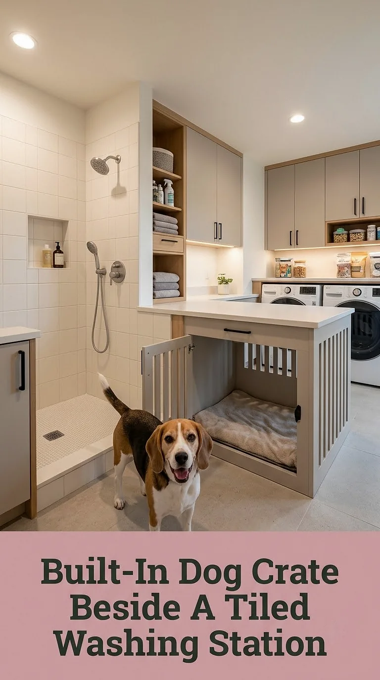 Built-In Dog Crate Beside A Tiled Washing Station