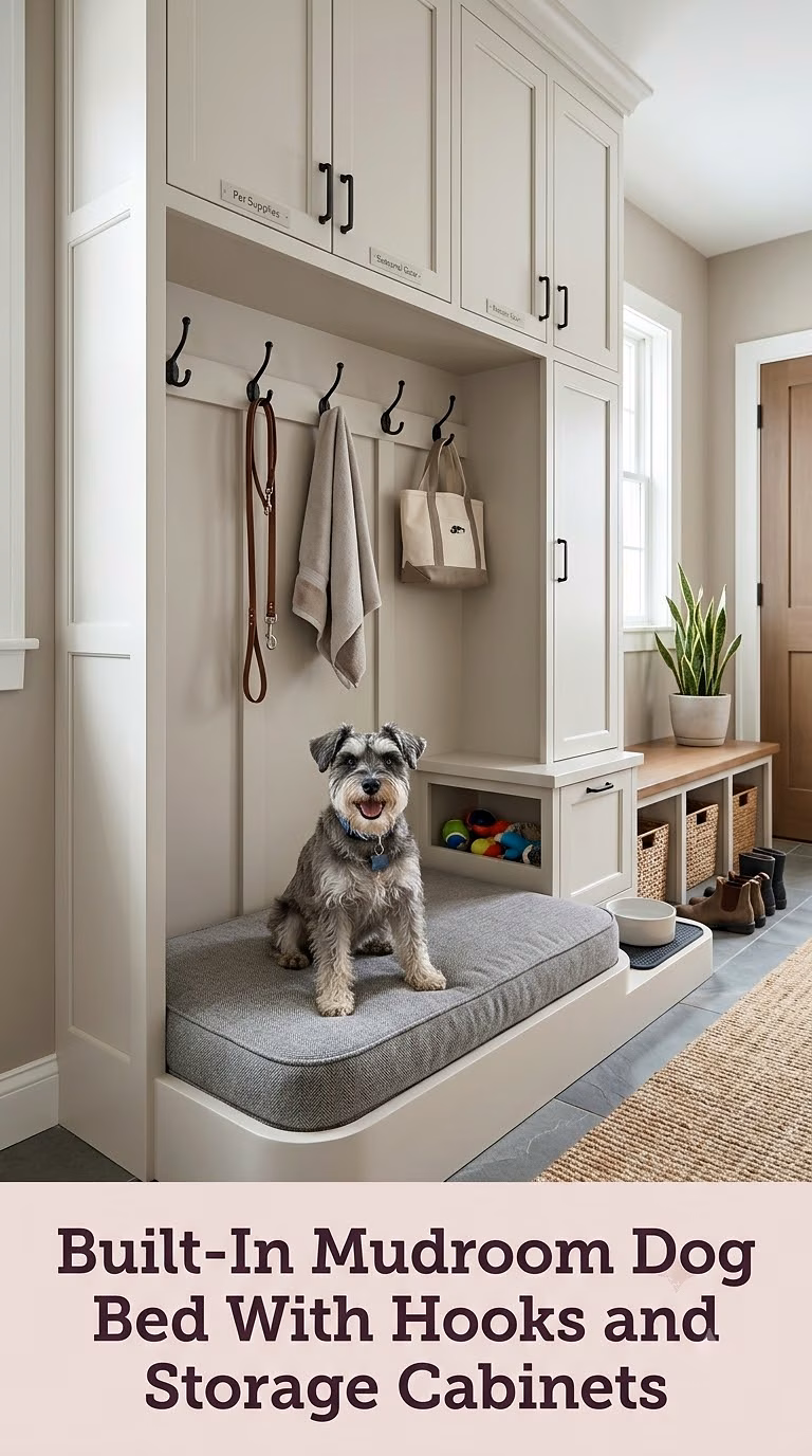 Built-In Mudroom Dog Bed With Hooks and Storage Cabinets