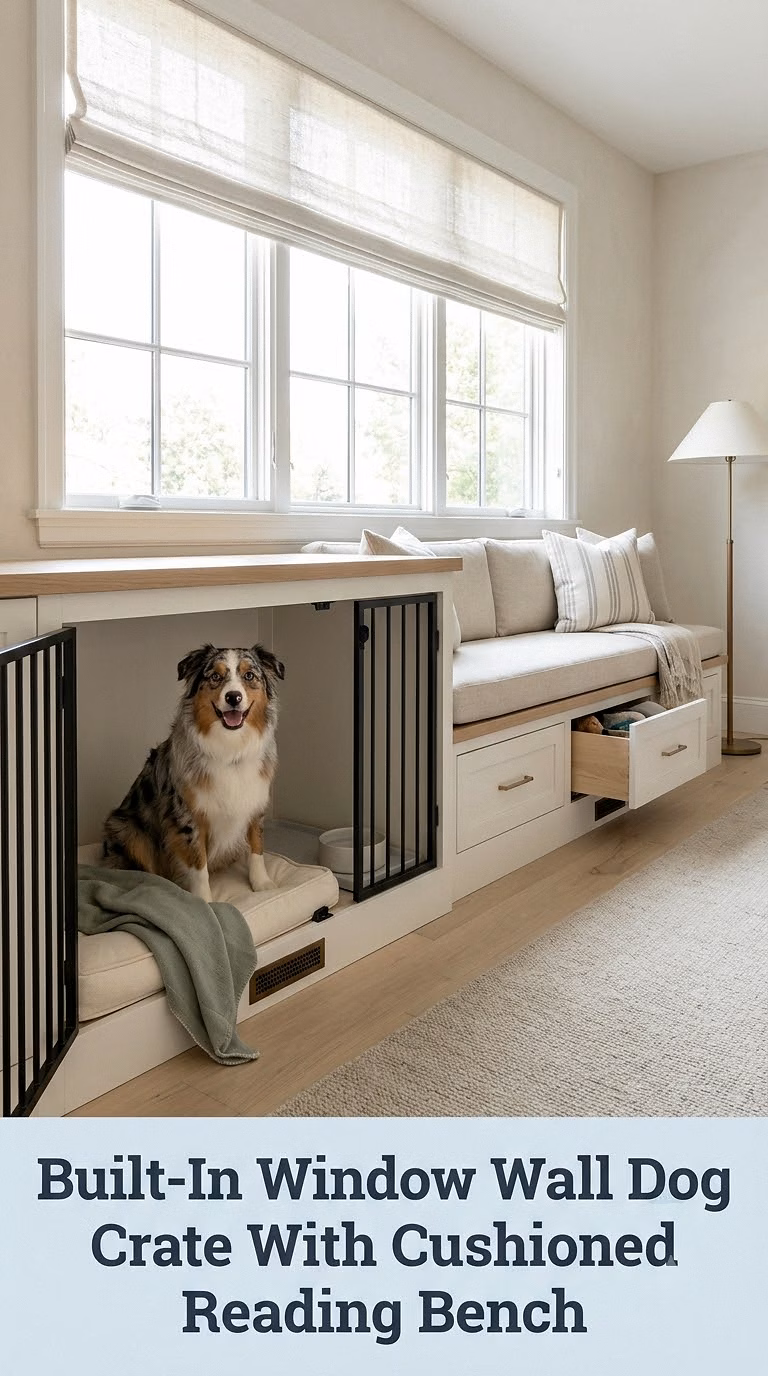 Built-In Window Wall Dog Crate With Cushioned Reading Bench