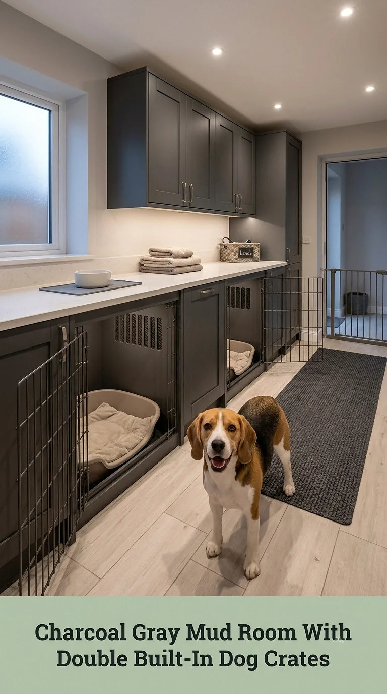 Charcoal Gray Mud Room With Double Built-In Dog Crates