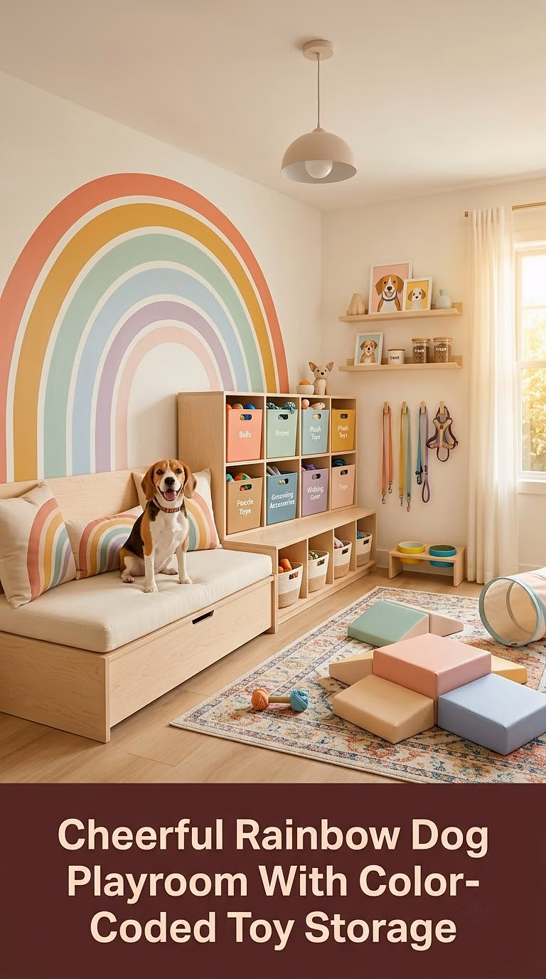 11. Cheerful Rainbow Dog Playroom With Color-Coded Toy Storage