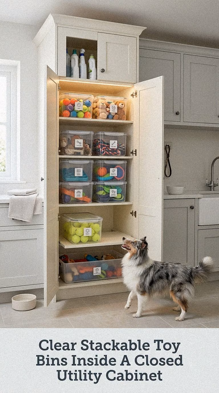 Clear Stackable Toy Bins Inside A Closed Utility Cabinet