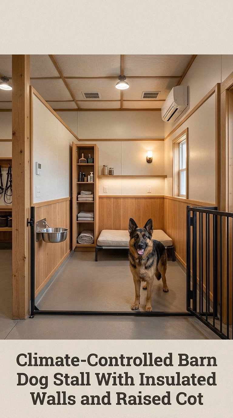 Climate-Controlled Barn Dog Stall With Insulated Walls and Raised Cot