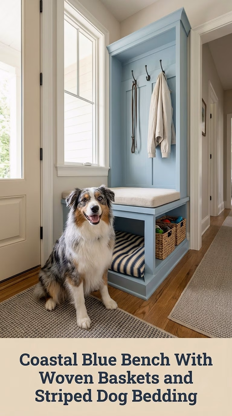 Coastal Blue Bench With Woven Baskets and Striped Dog Bedding