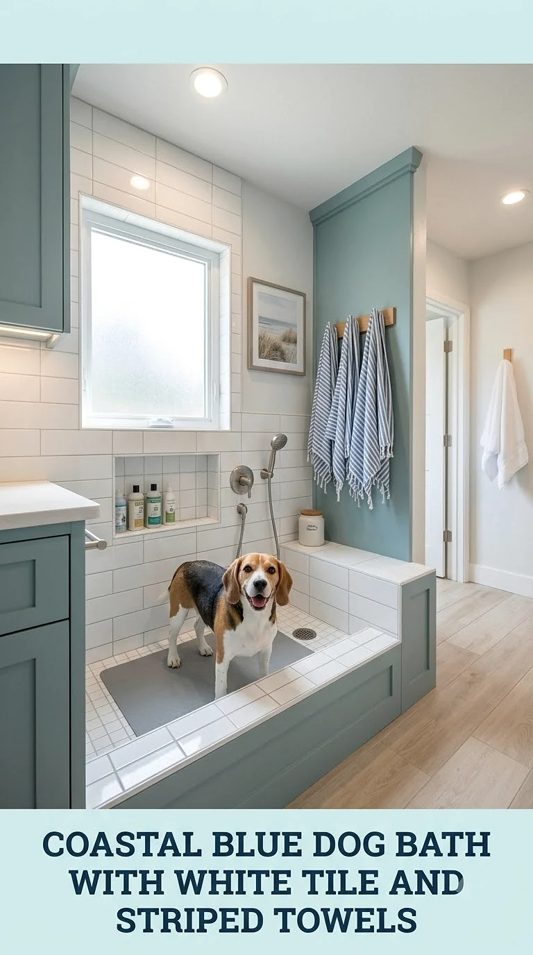 Coastal Blue Dog Bath With White Tile And Striped Towels