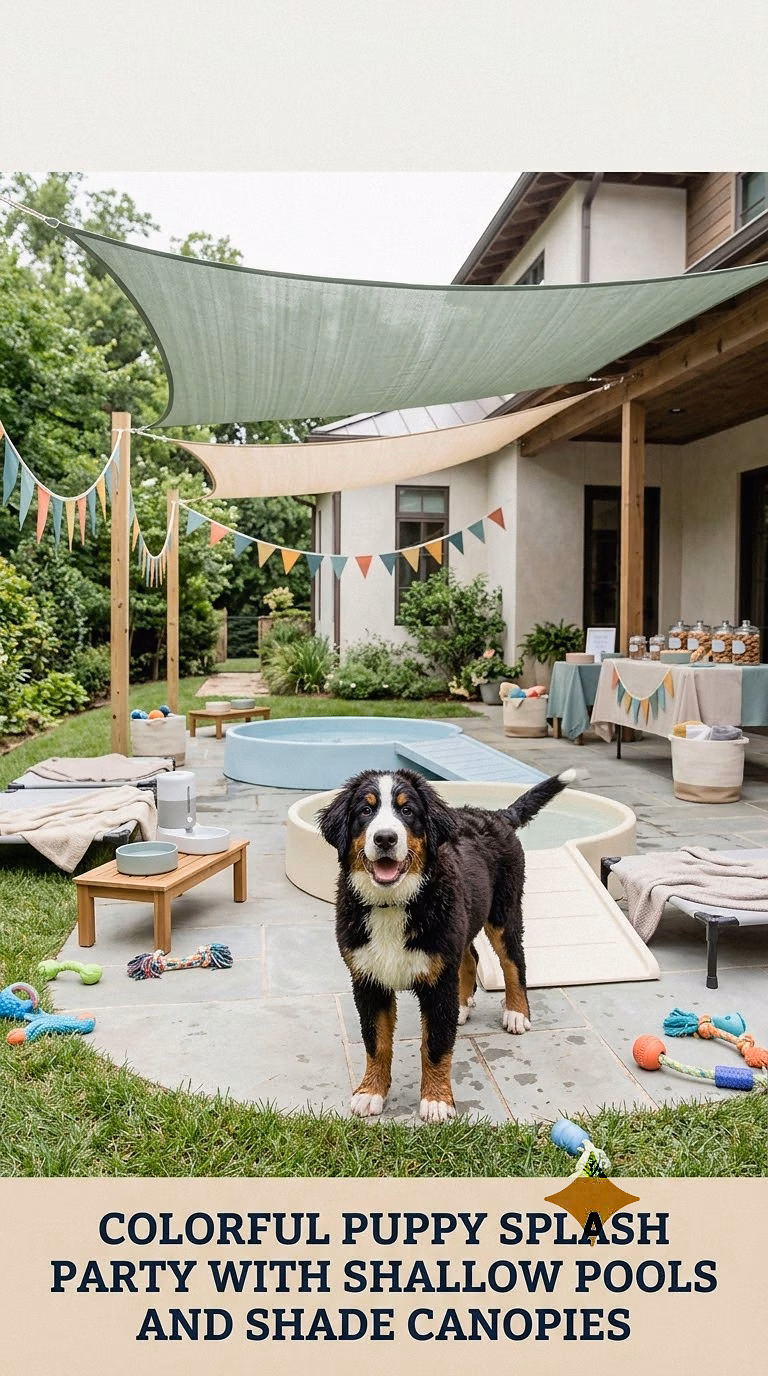 Colorful Puppy Splash Party With Shallow Pools and Shade Canopies