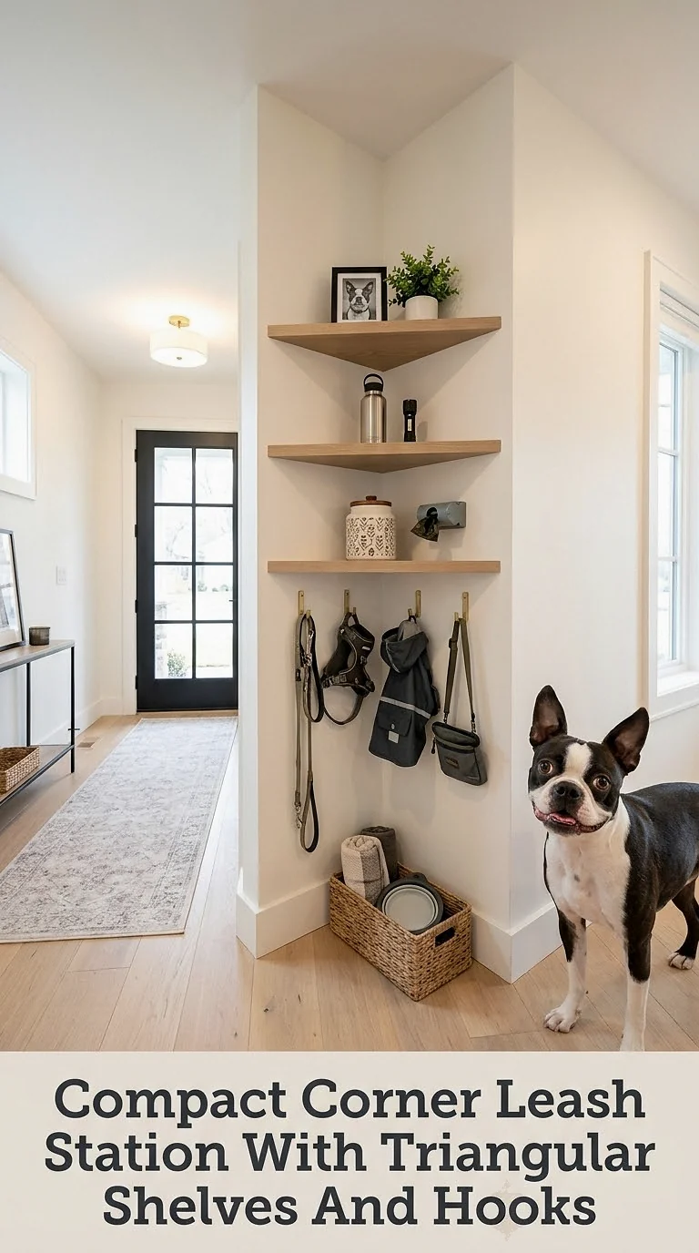 Compact Corner Leash Station With Triangular Shelves And Hooks