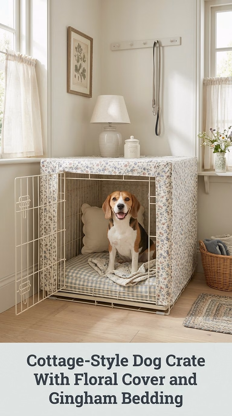 Cottage-Style Dog Crate With Floral Cover and Gingham Bedding