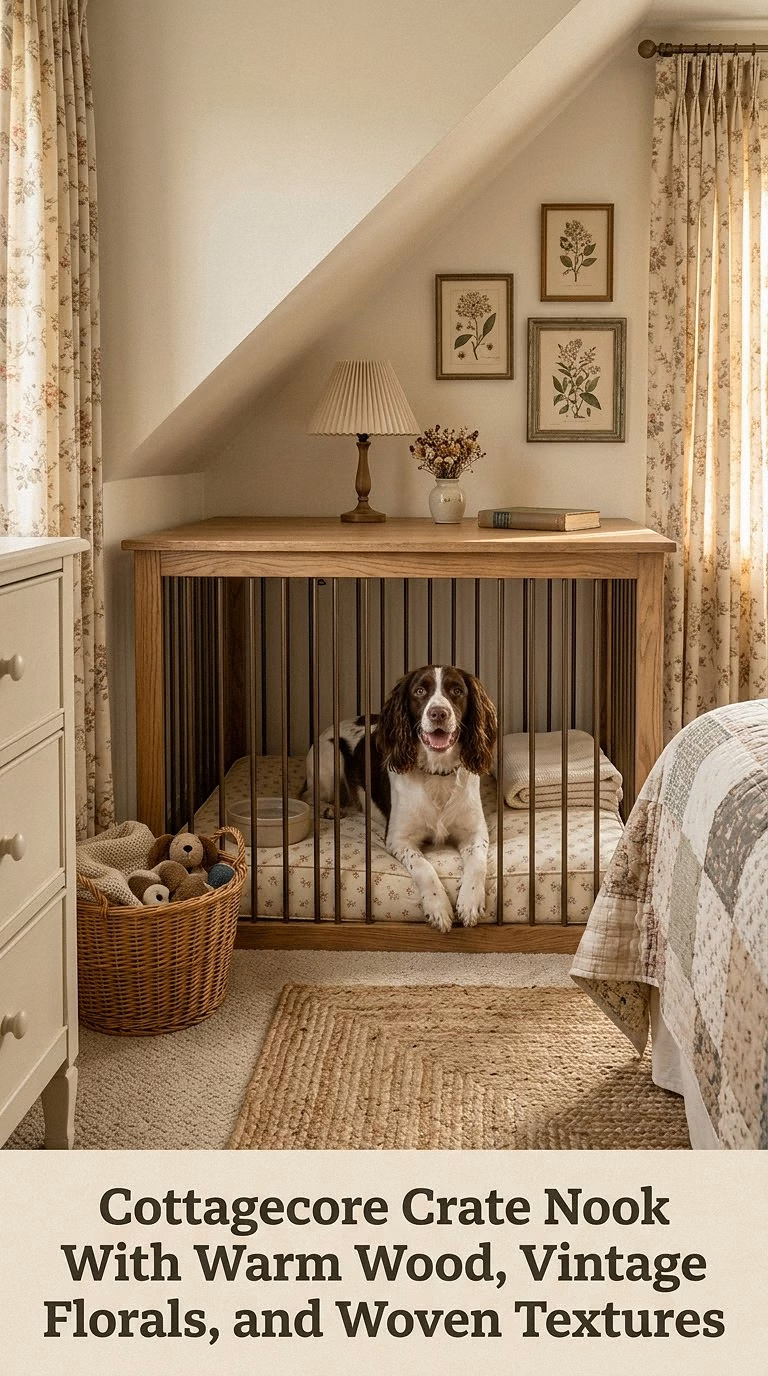 Cottagecore Crate Nook With Warm Wood, Vintage Florals, and Woven Textures