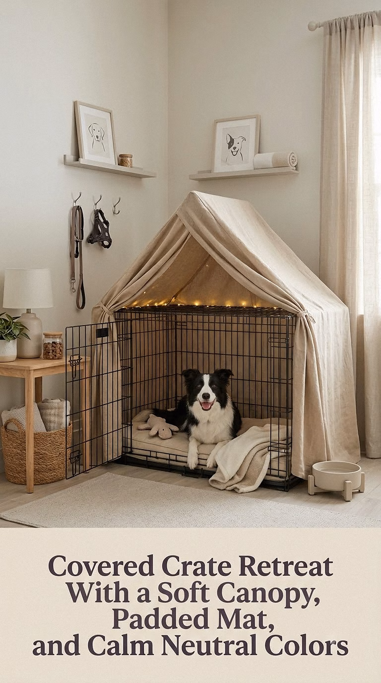 11. Covered Crate Retreat With a Soft Canopy, Padded Mat, and Calm Neutral Colors