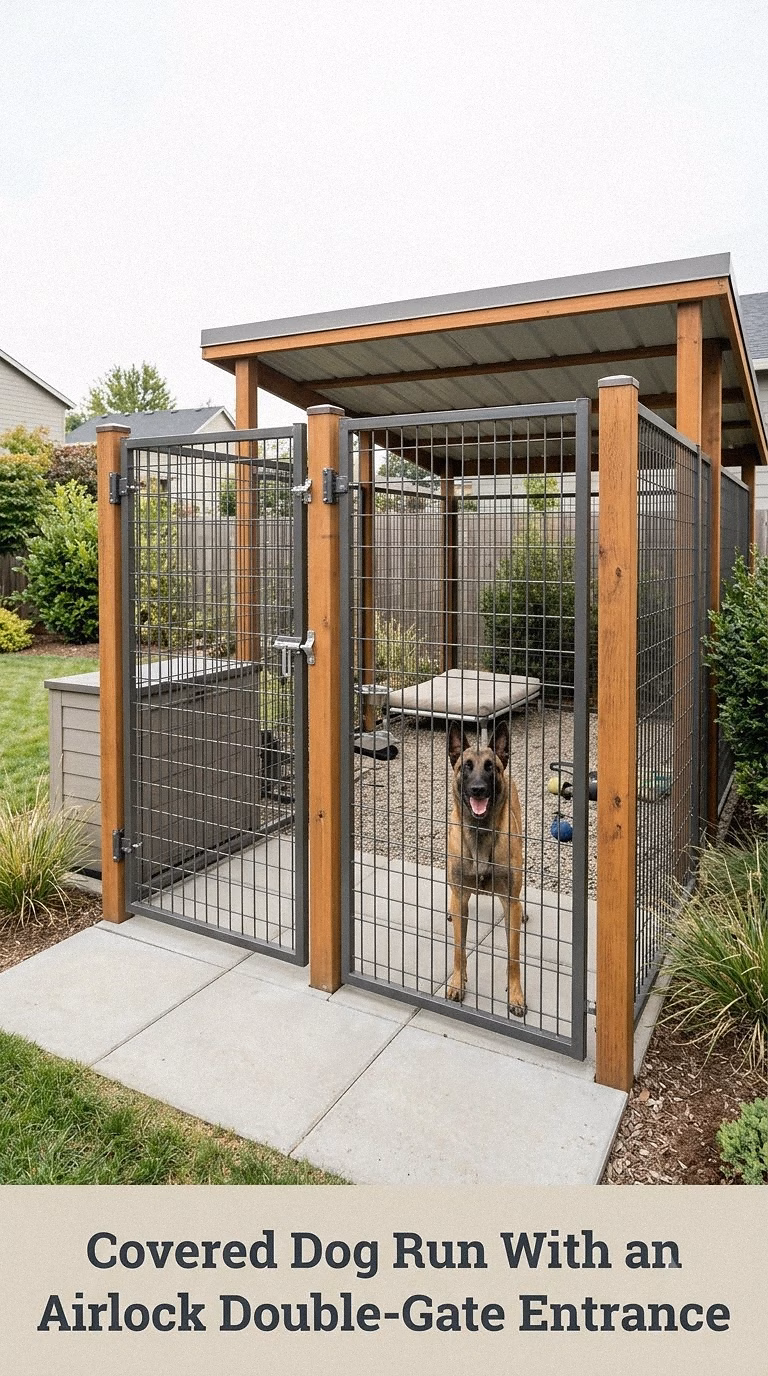 Covered Dog Run With an Airlock Double-Gate Entrance