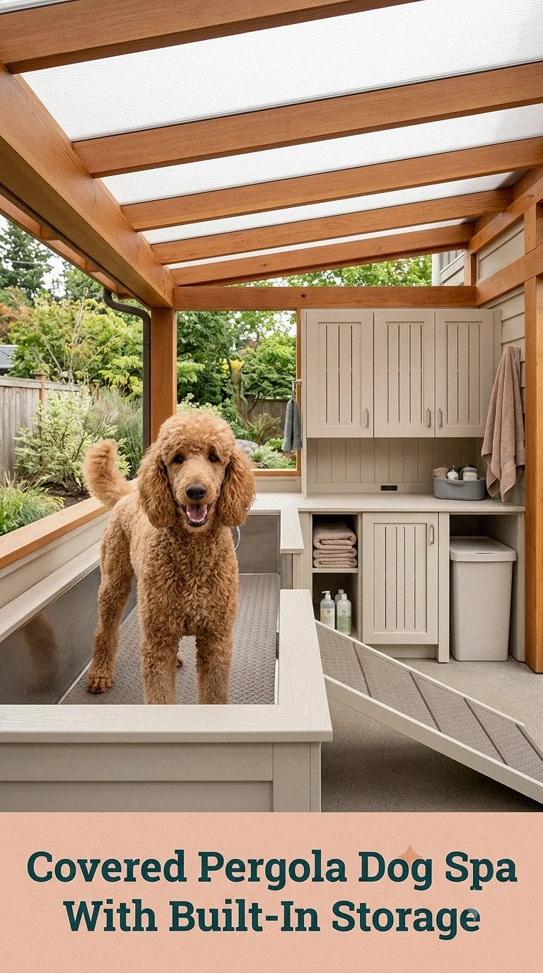 Covered Pergola Dog Spa With Built-In Storage