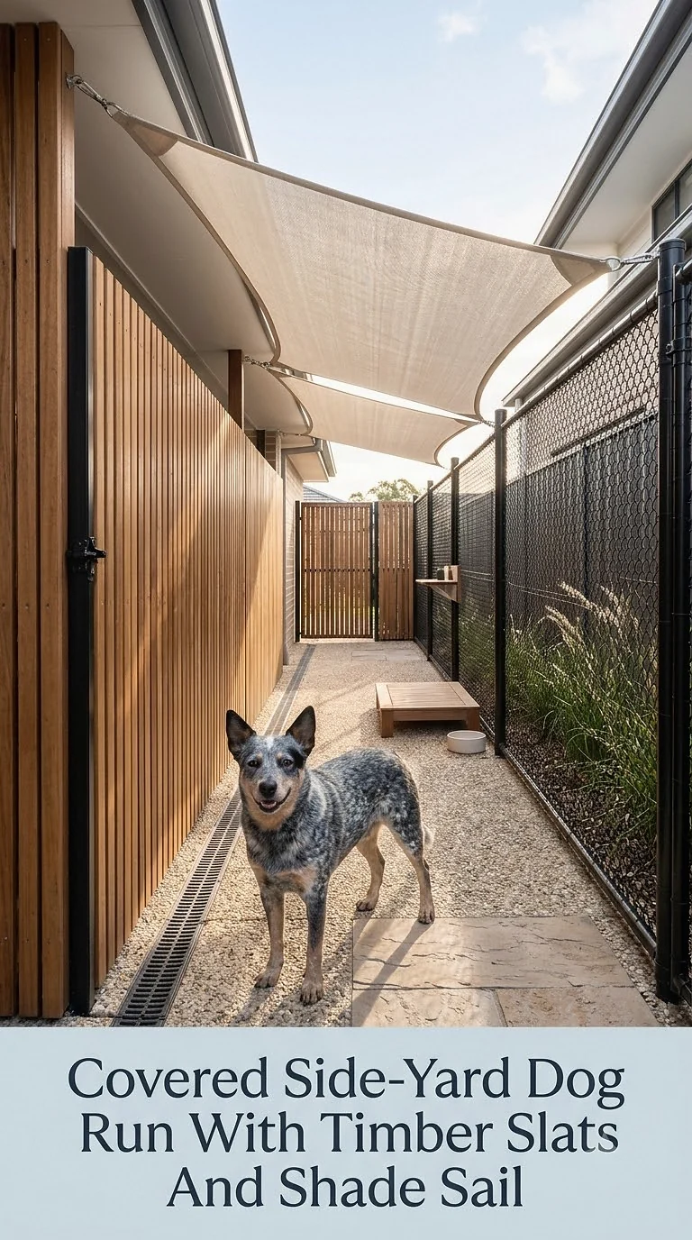 Covered Side-Yard Dog Run With Timber Slats And Shade Sail