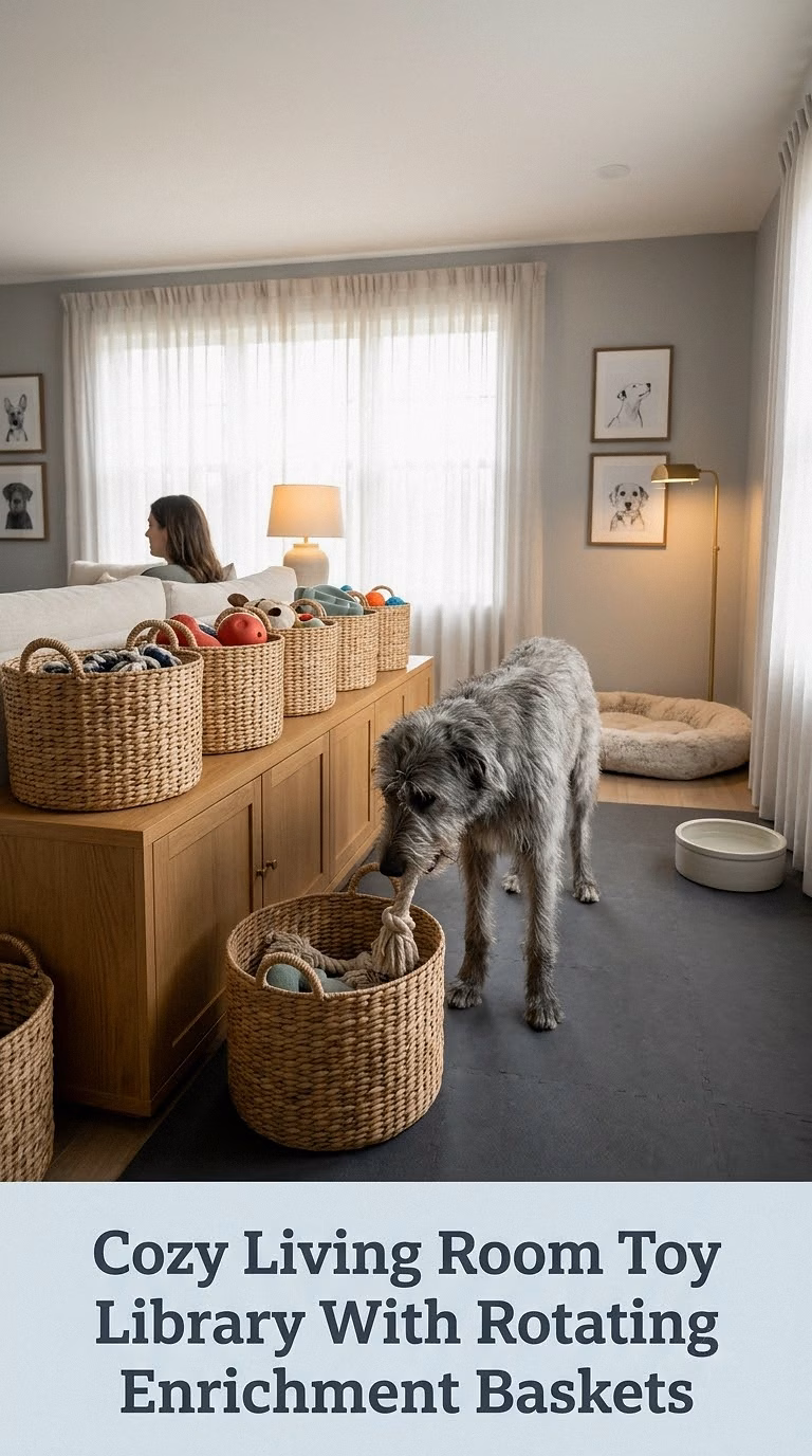 Cozy Living Room Toy Library With Rotating Enrichment Baskets