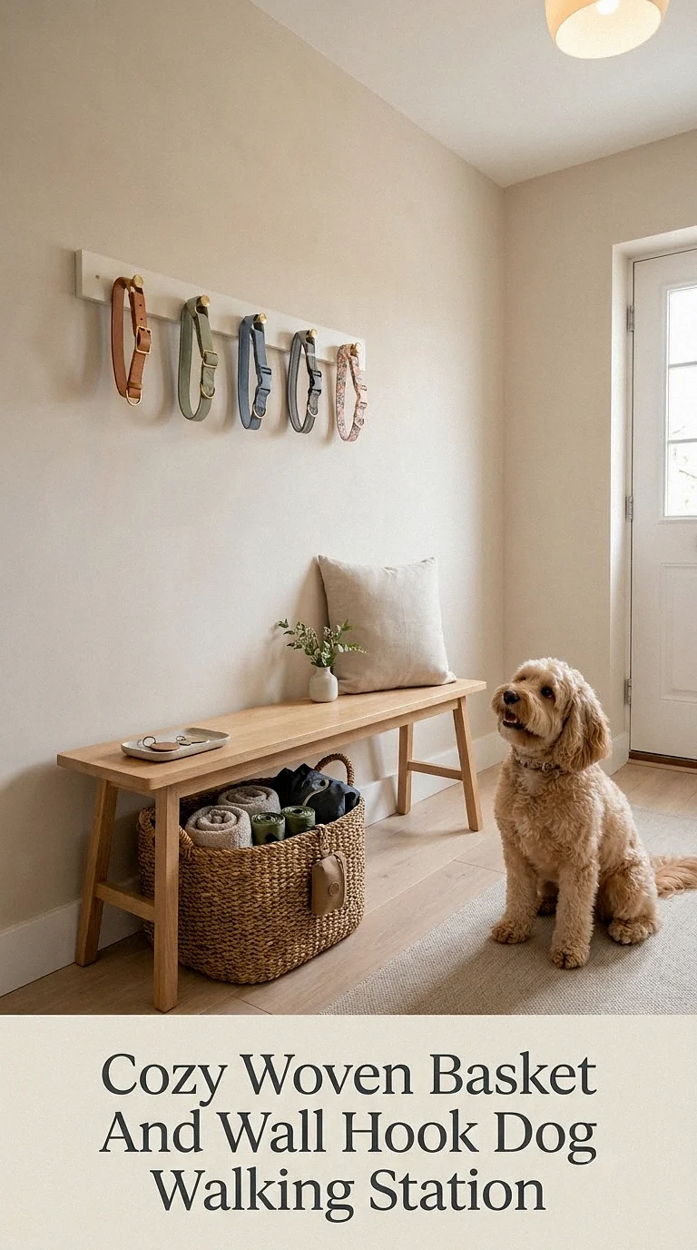 Cozy Woven Basket And Wall Hook Dog Walking Station
