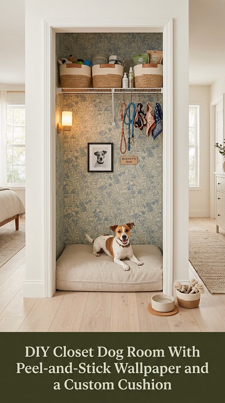 11. DIY Closet Dog Room With Peel-and-Stick Wallpaper and a Custom Cushion