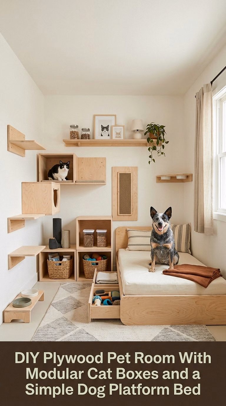 11. DIY Plywood Pet Room With Modular Cat Boxes and a Simple Dog Platform Bed