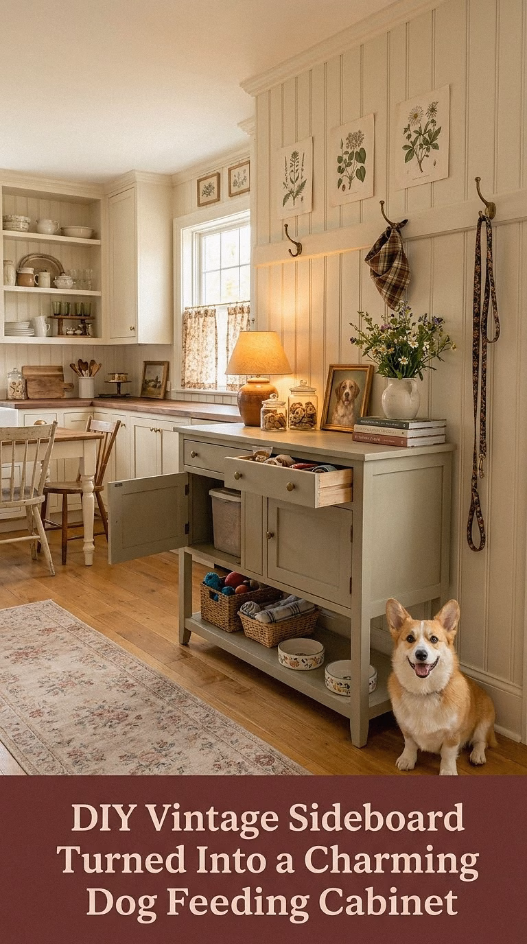 11. DIY Vintage Sideboard Turned Into a Charming Dog Feeding Cabinet