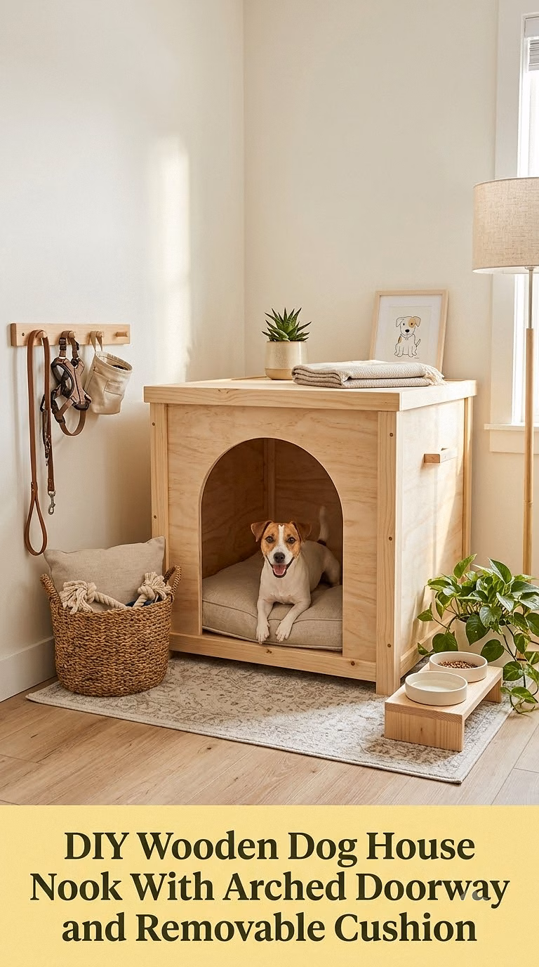 11. DIY Wooden Dog House Nook With Arched Doorway and Removable Cushion