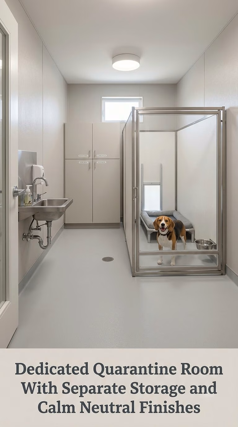 Dedicated Quarantine Room With Separate Storage and Calm Neutral Finishes
