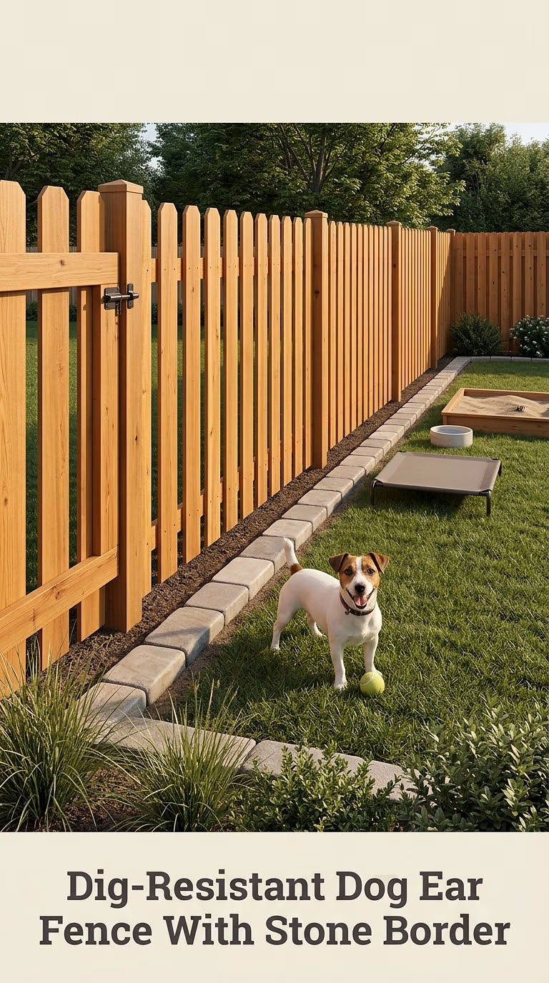 Dig-Resistant Dog Ear Fence With Stone Border