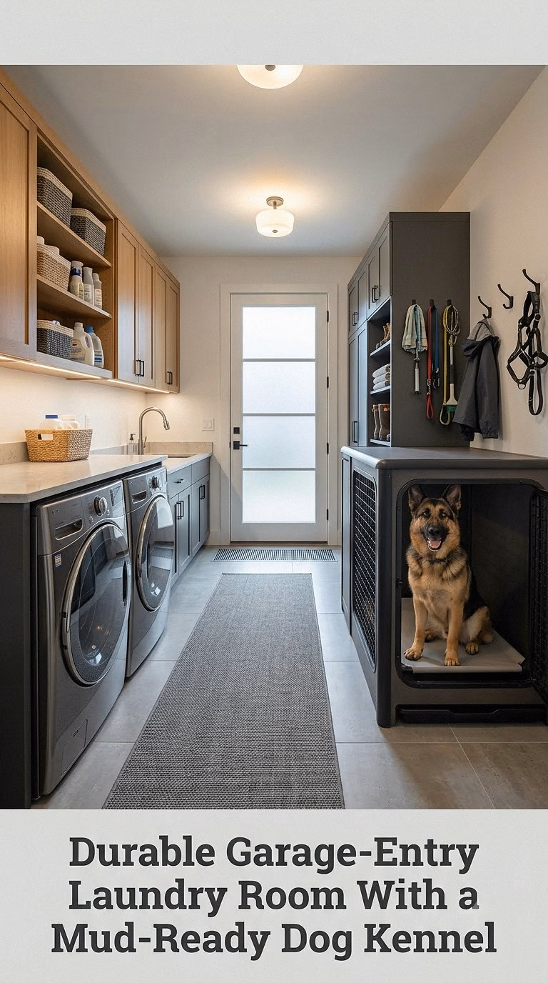 Durable Garage-Entry Laundry Room With a Mud-Ready Dog Kennel