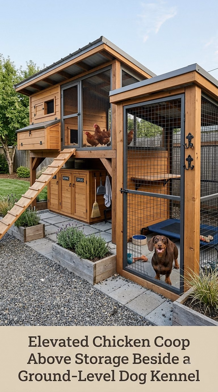 Elevated Chicken Coop Above Storage Beside a Ground-Level Dog Kennel