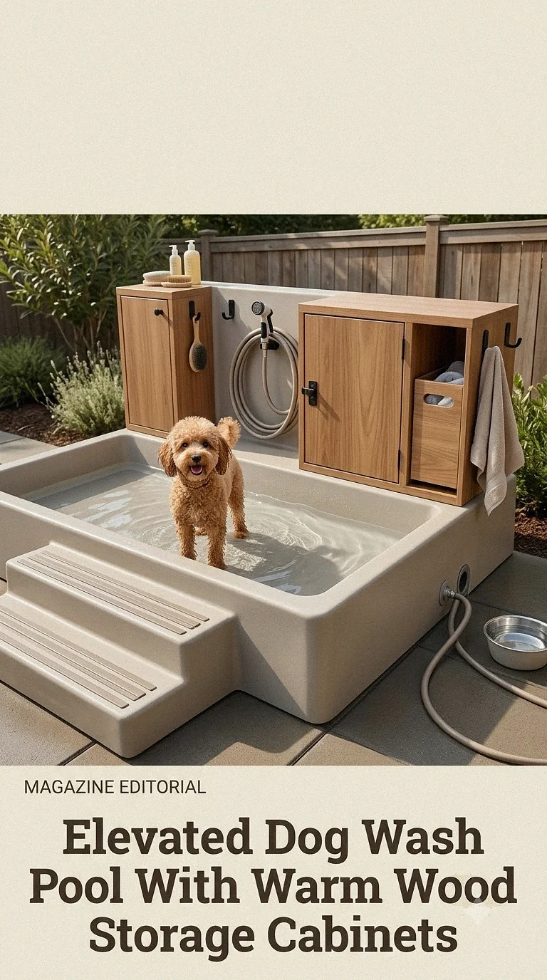Elevated Dog Wash Pool With Warm Wood Storage Cabinets