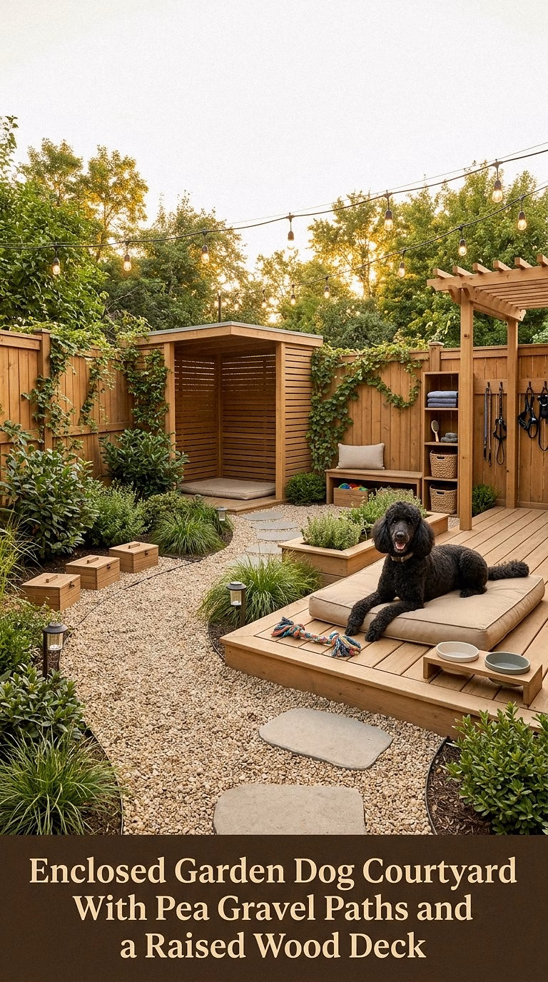 11. Enclosed Garden Dog Courtyard With Pea Gravel Paths and a Raised Wood Deck