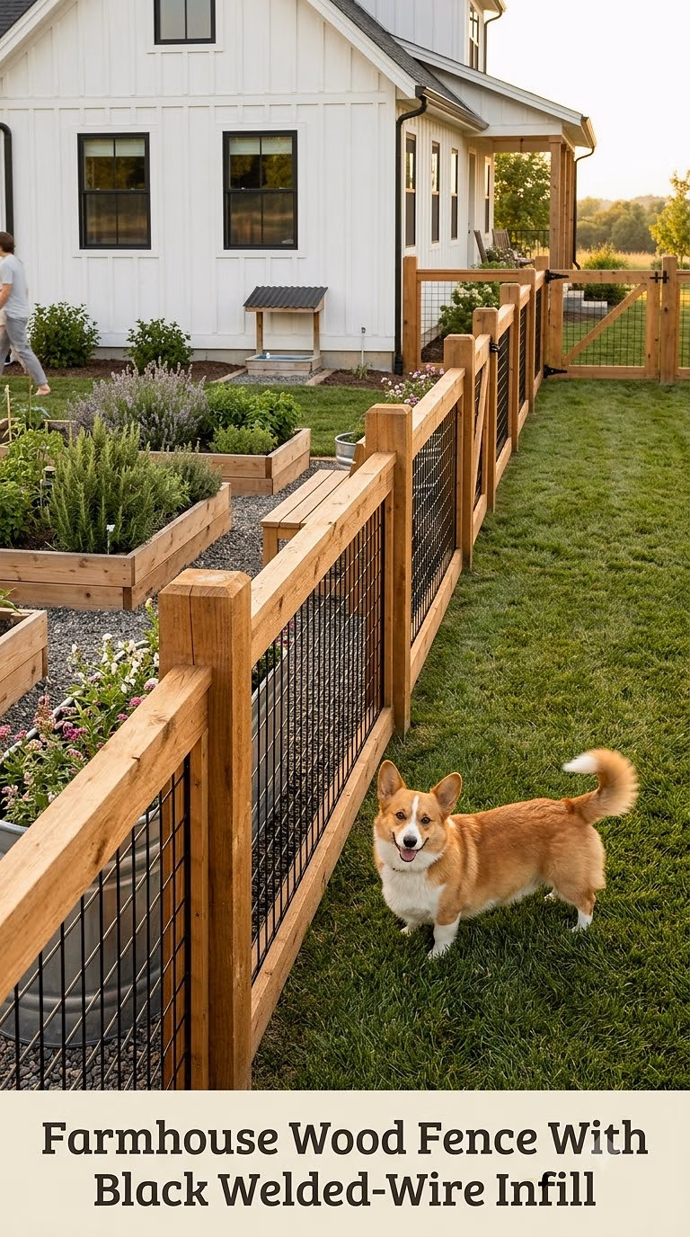 Farmhouse Wood Fence With Black Welded-Wire Infill
