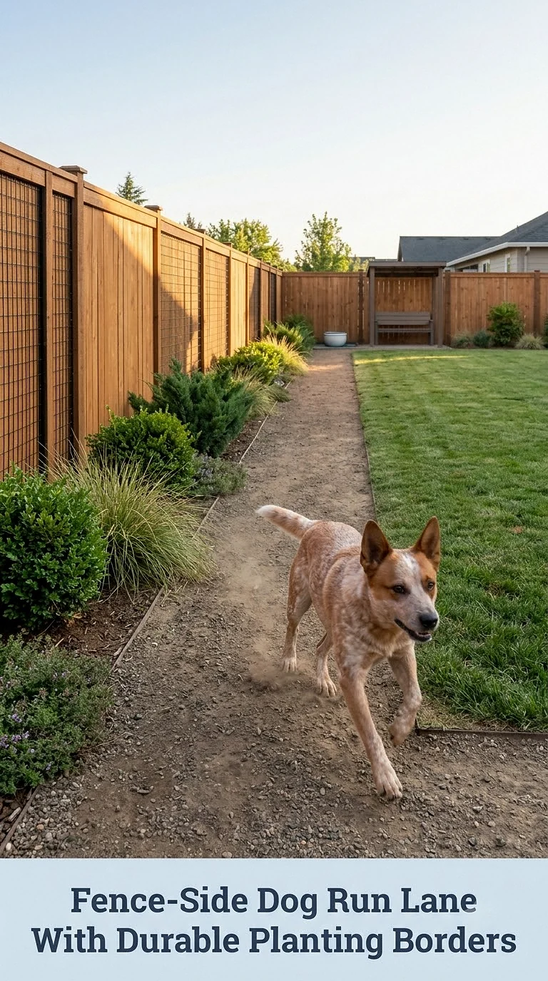 Fence-Side Dog Run Lane With Durable Planting Borders
