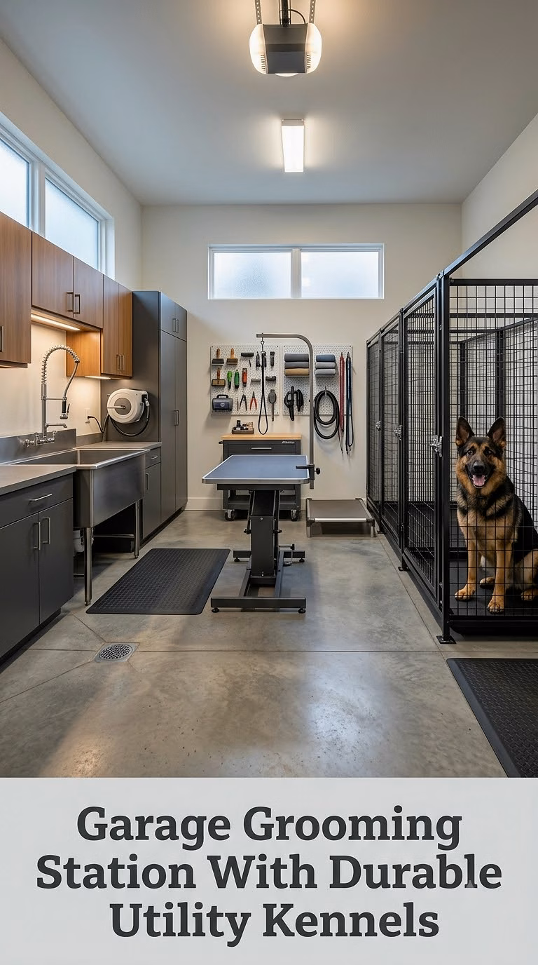 Garage Grooming Station With Durable Utility Kennels