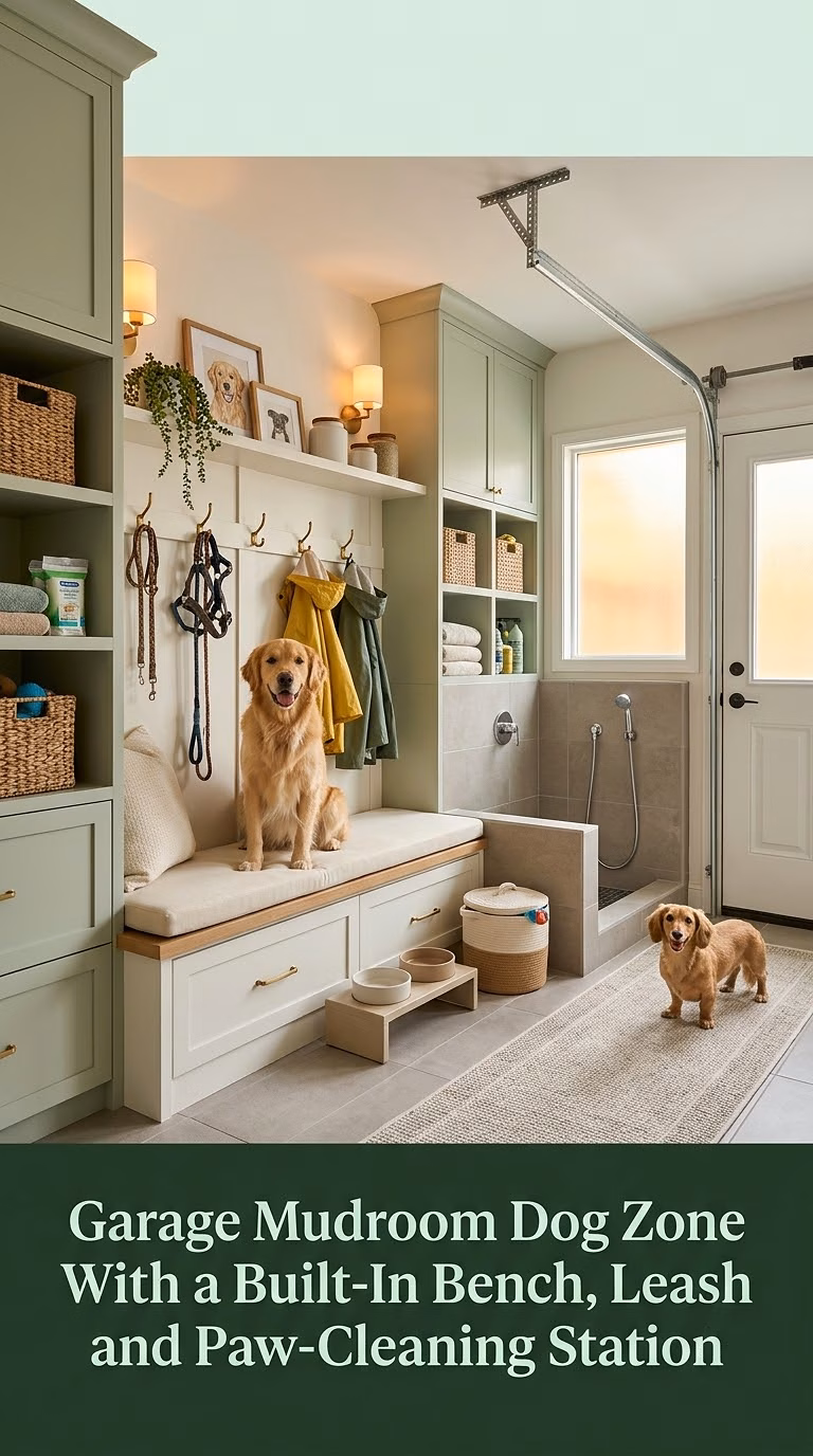 11. Garage Mudroom Dog Zone With a Built-In Bench, Leash Hooks, and Paw-Cleaning Station