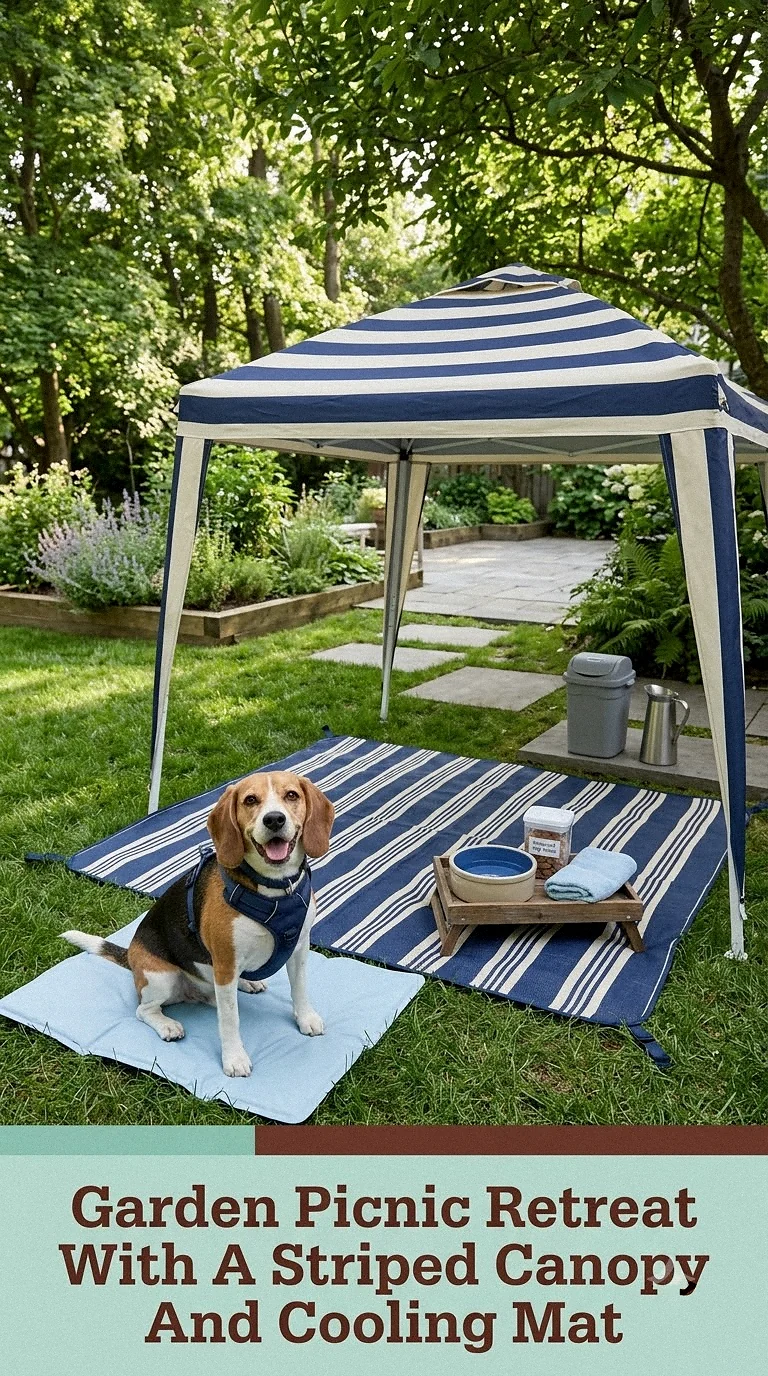 Garden Picnic Retreat With A Striped Canopy And Cooling Mat
