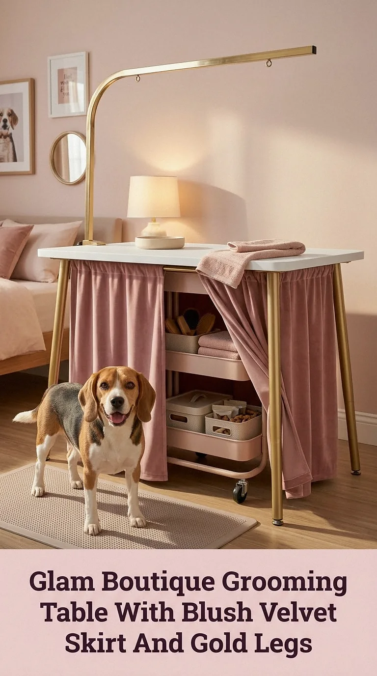 Glam Boutique Grooming Table With Blush Velvet Skirt And Gold Legs